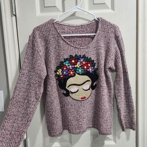 Frida Kahlo Inspired Patch Knit Sweater Boho Artsy Pullover Medium